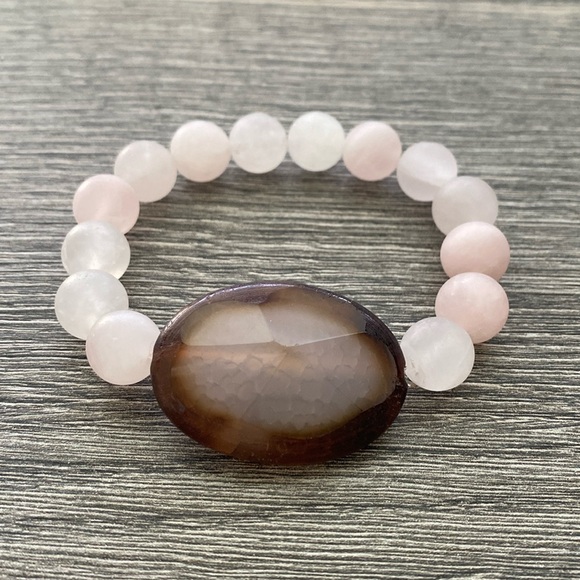 Jewelry - Genuine pink agate nugget with 12mm matte rose quartz gemstone bracelet.